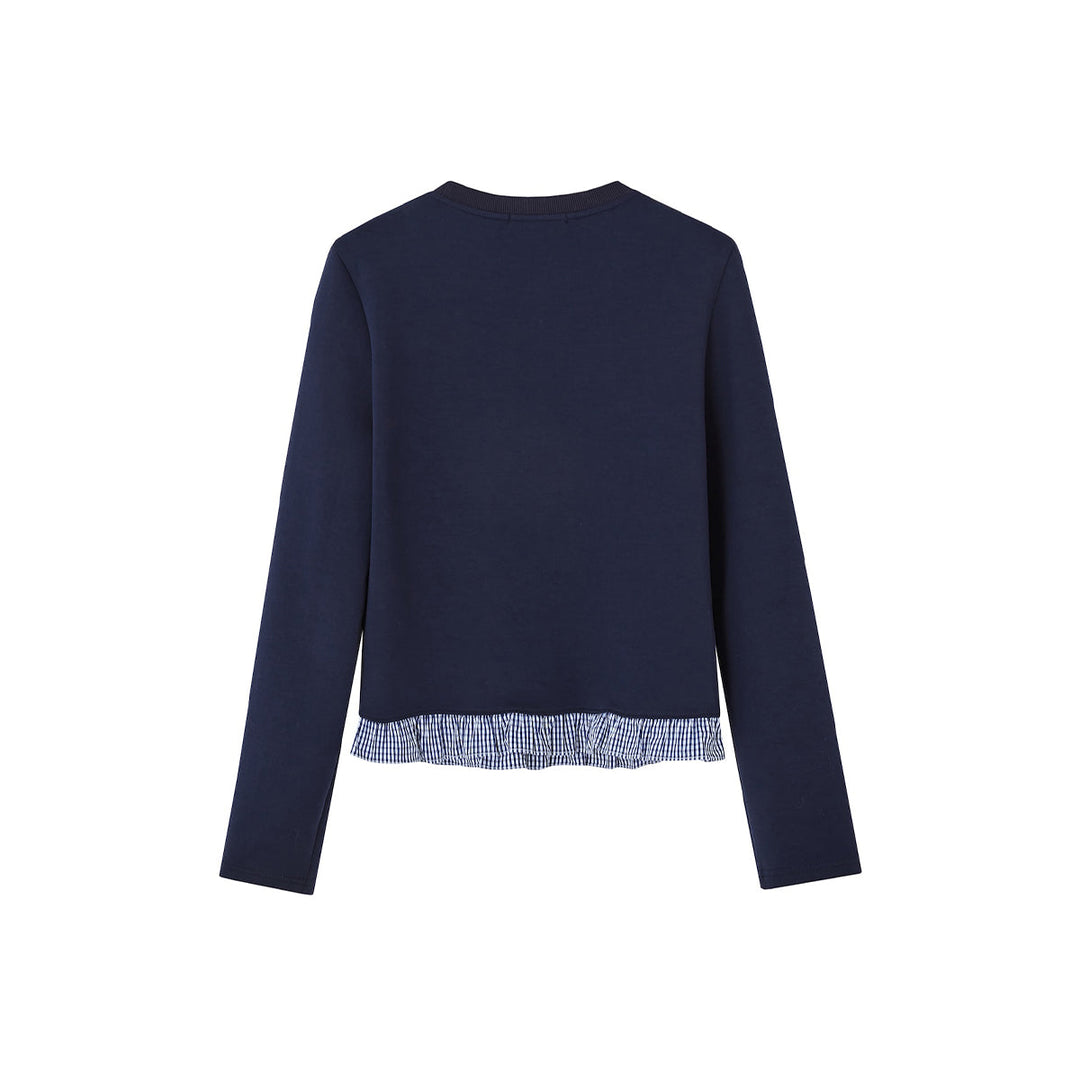 SomeSowe Fake-2-Piece Ruffled Round-Neck Top Navy Blue