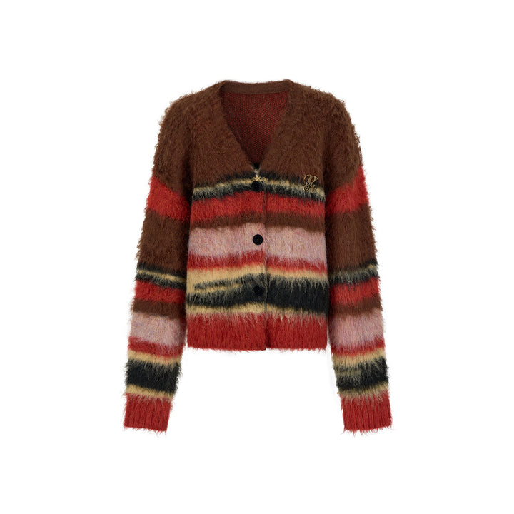 Via Pitti Pulled Fur Colored Striped Knit Cardigan Brown