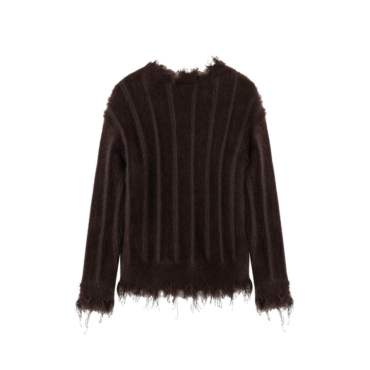 SomeSowe Destroyed Edge V-Neck Fluffy Sweater - Mores Studio