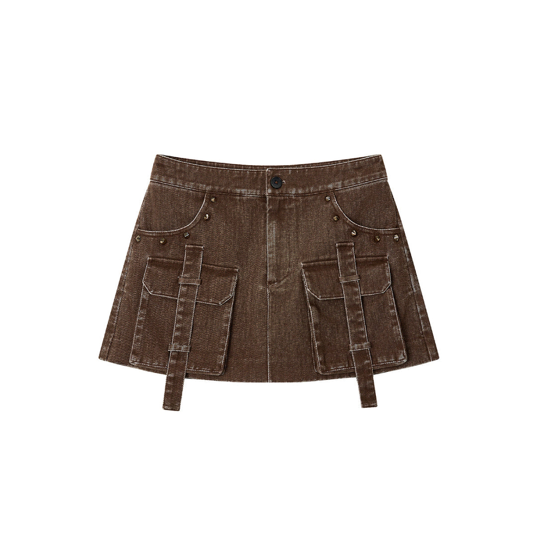 Via Pitti Washed Denim Cargo Skirt Shorts Brown - Mores Studio