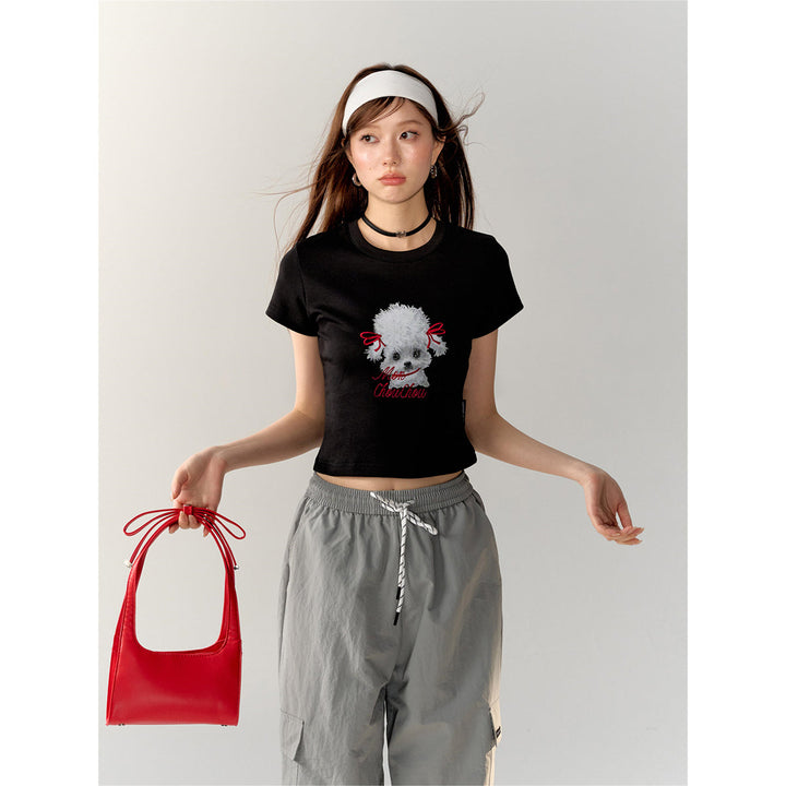 AsGony Puppy Printed Embroidery Slim T-Shirt