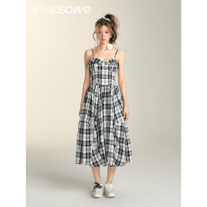 SomeSowe Pleated Checked Long Slip Dress