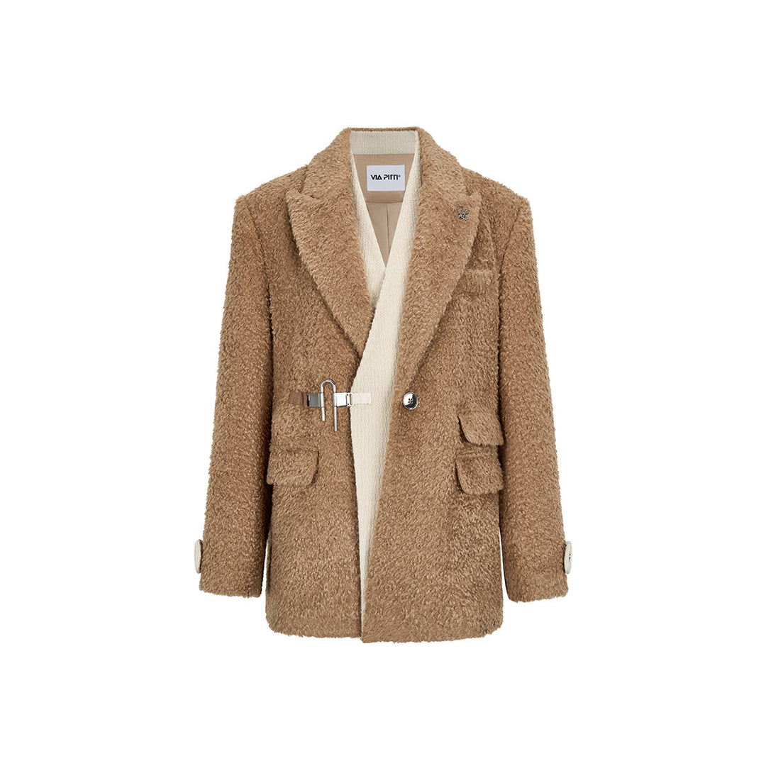 Via Pitti Fake-2-Piece Thicken Fleece Blazer Brown - Mores Studio