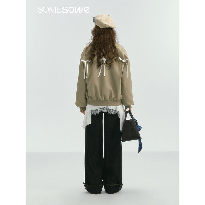 SomeSowe Bow Badge Casual Baseball Jacket Khaki