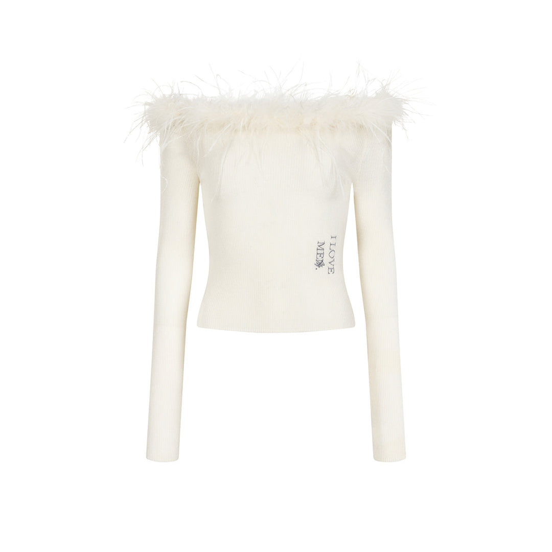 Via Pitti Detachable Ostrich Feather Knit Top White - Mores Studio