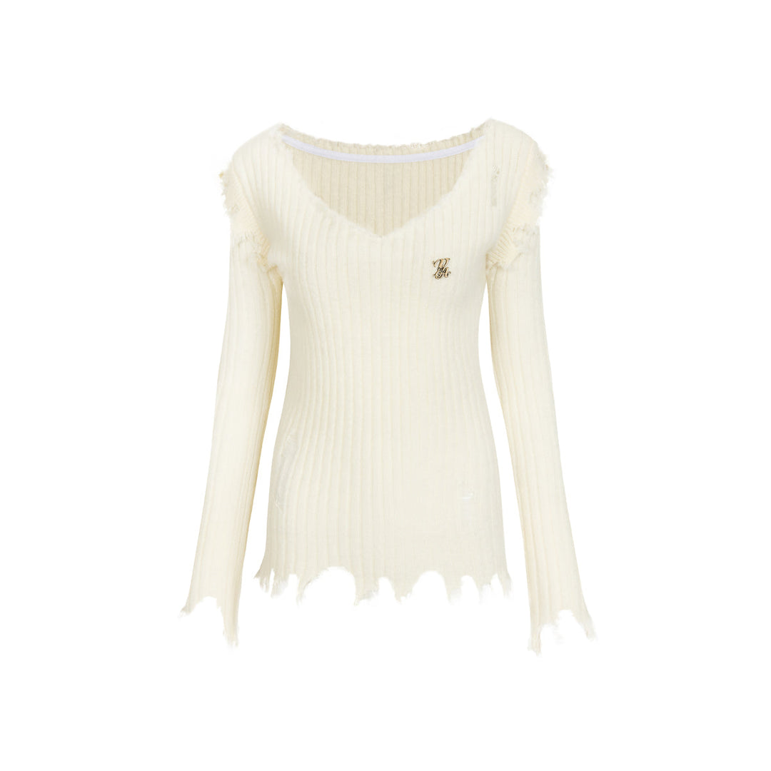 Via Pitti Destroy Edge Cutting V-Neck Sweater Cream - Mores Studio