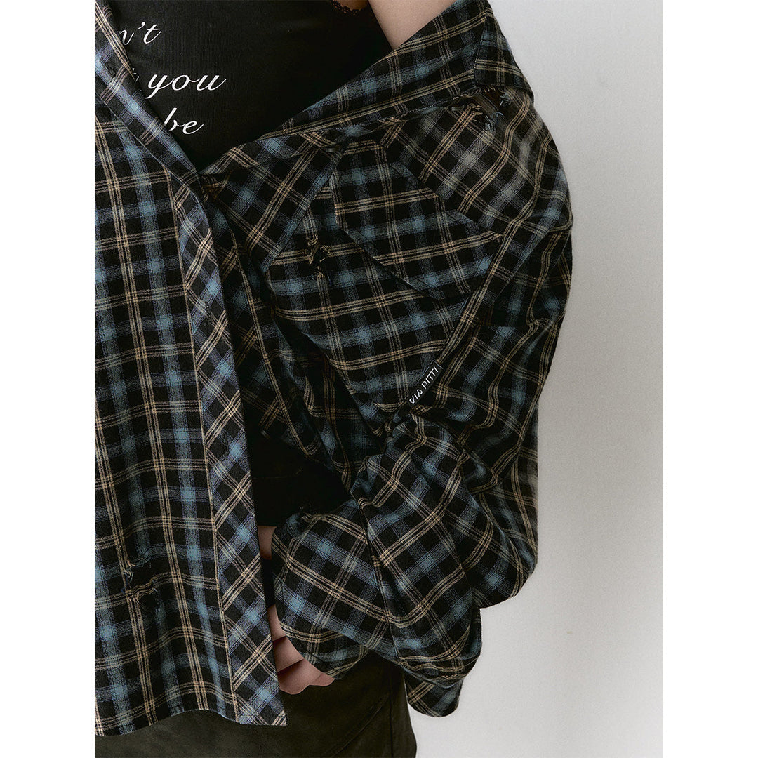 Via Pitti Heavy Washed Distressed Hooded Plaid Shirt