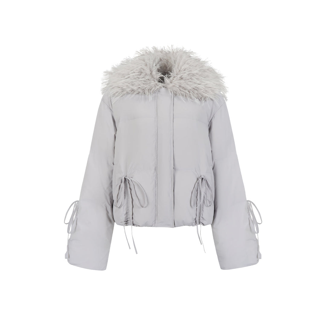 Via Pitti Bow Drawstring Fur Collar Down Jacket Light Gray