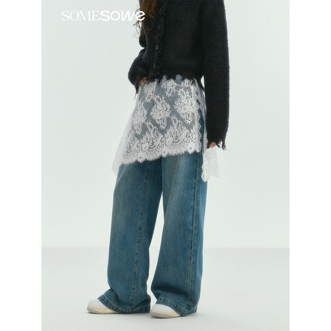 SomeSowe Lace Patchwork Wide-Leg Denim Pants