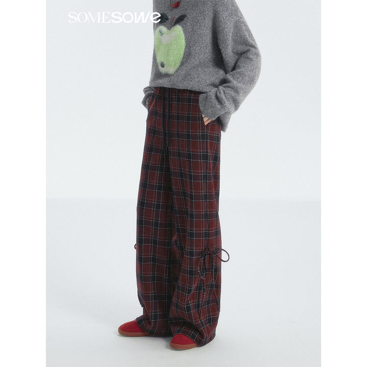 SomeSowe Bow Drawstring Plaid Wide-Leg Pants Red