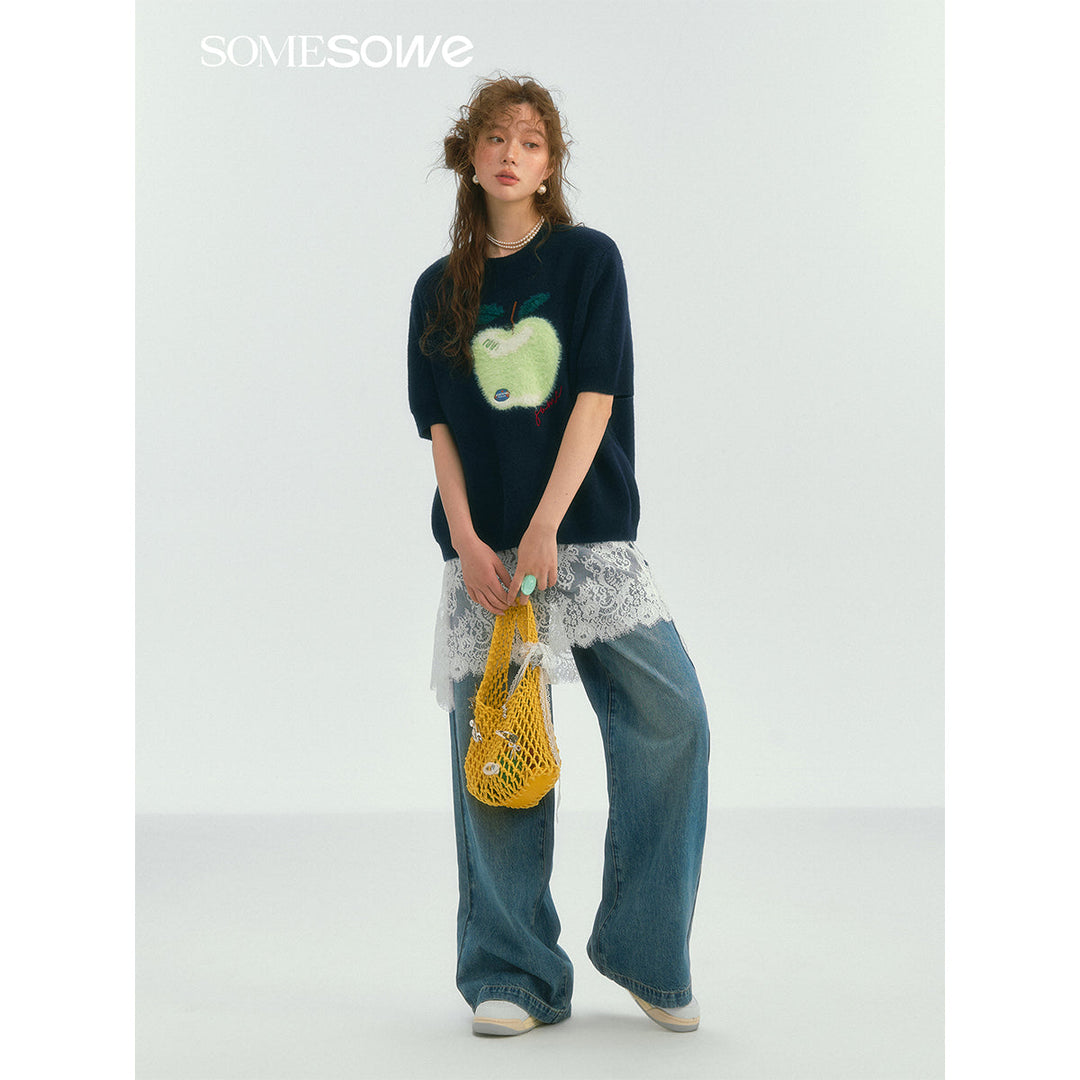 SomeSowe Green Apple Short Sleeve Knit Sweater Navy Blue