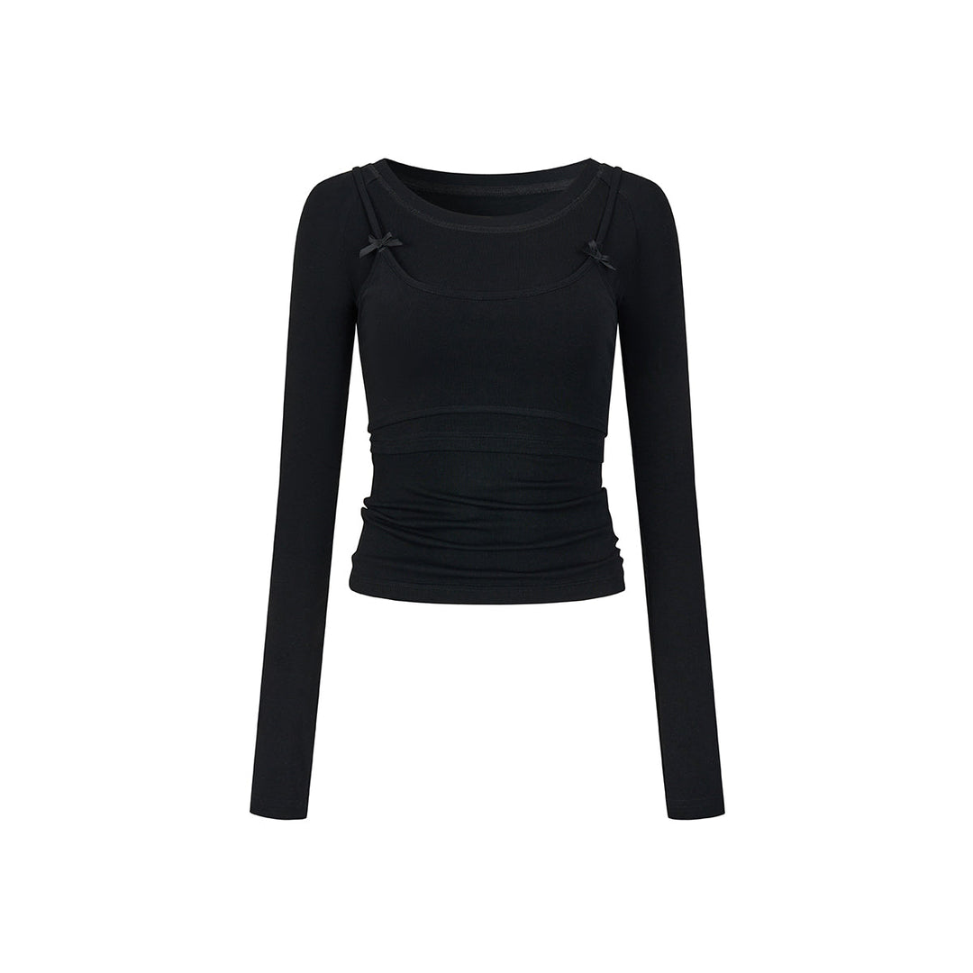 Via Pitti Bow-Knot Vest & Long Sleeve Slim Top Set Black