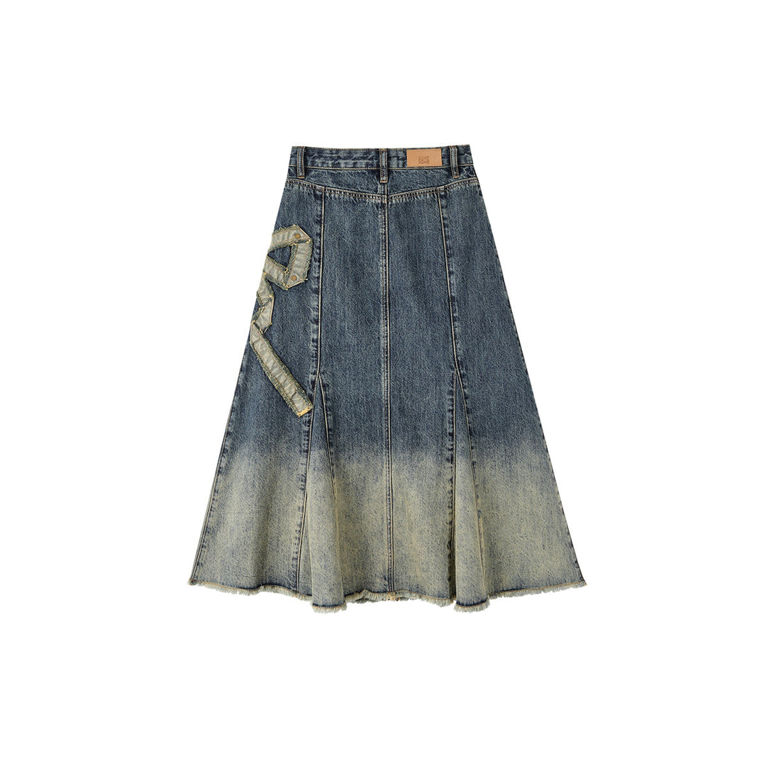 SomeSowe Gradient Bow Raw Edge Denim Long Skirt