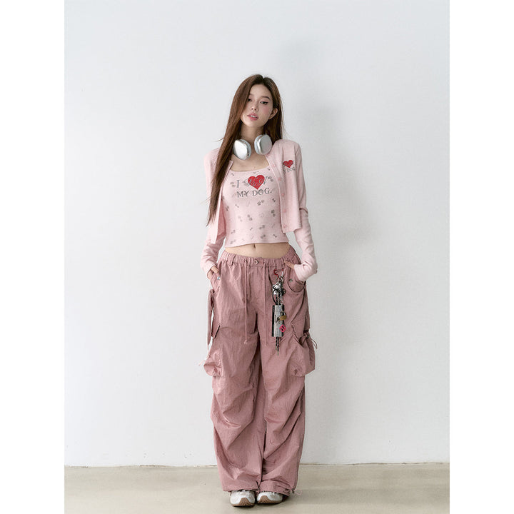 Via Pitti Mesh Big Pocket Casual Cargo Pants Pink