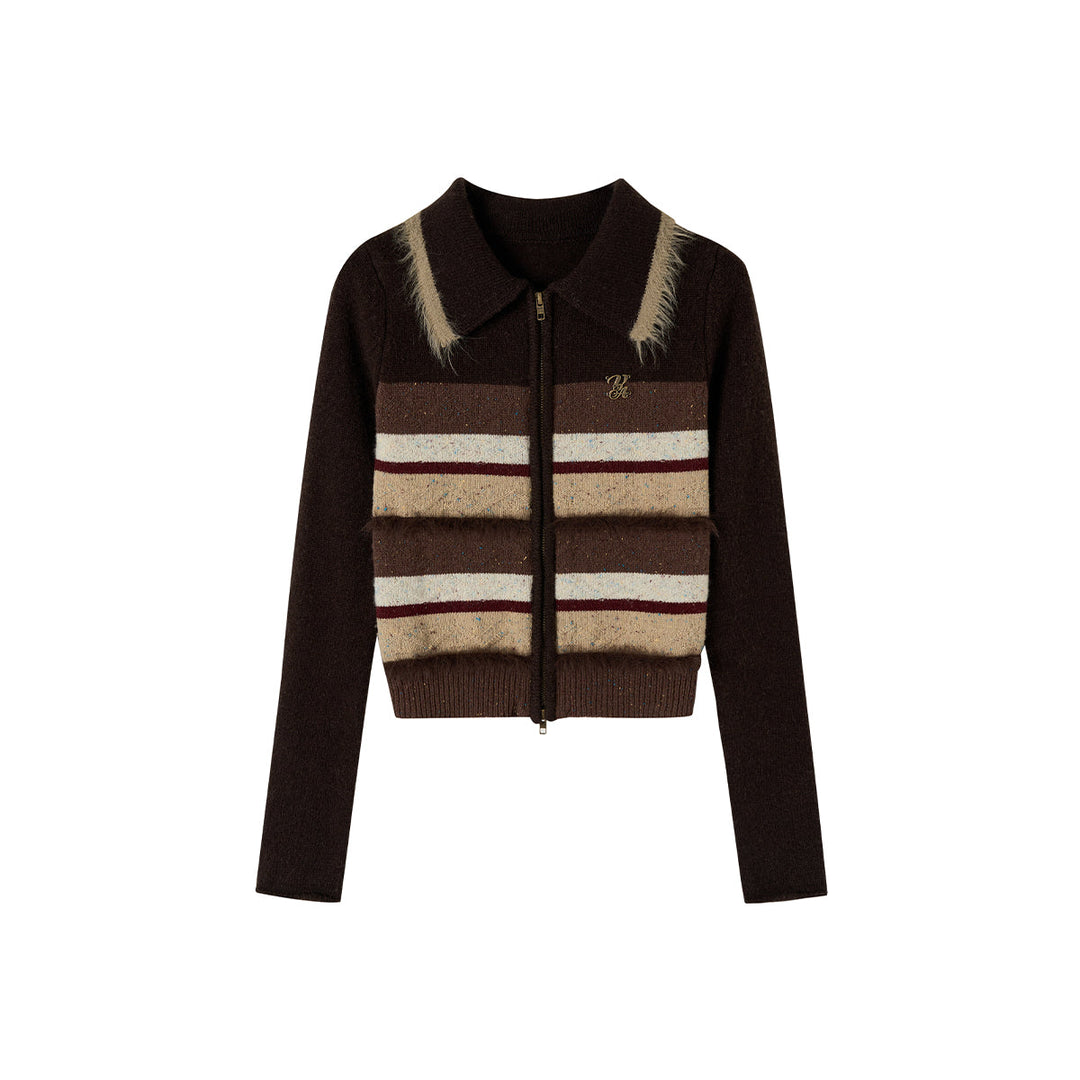 Via Pitti Fluffy Colour Striped Zip Up Woollen Top Brown - Mores Studio