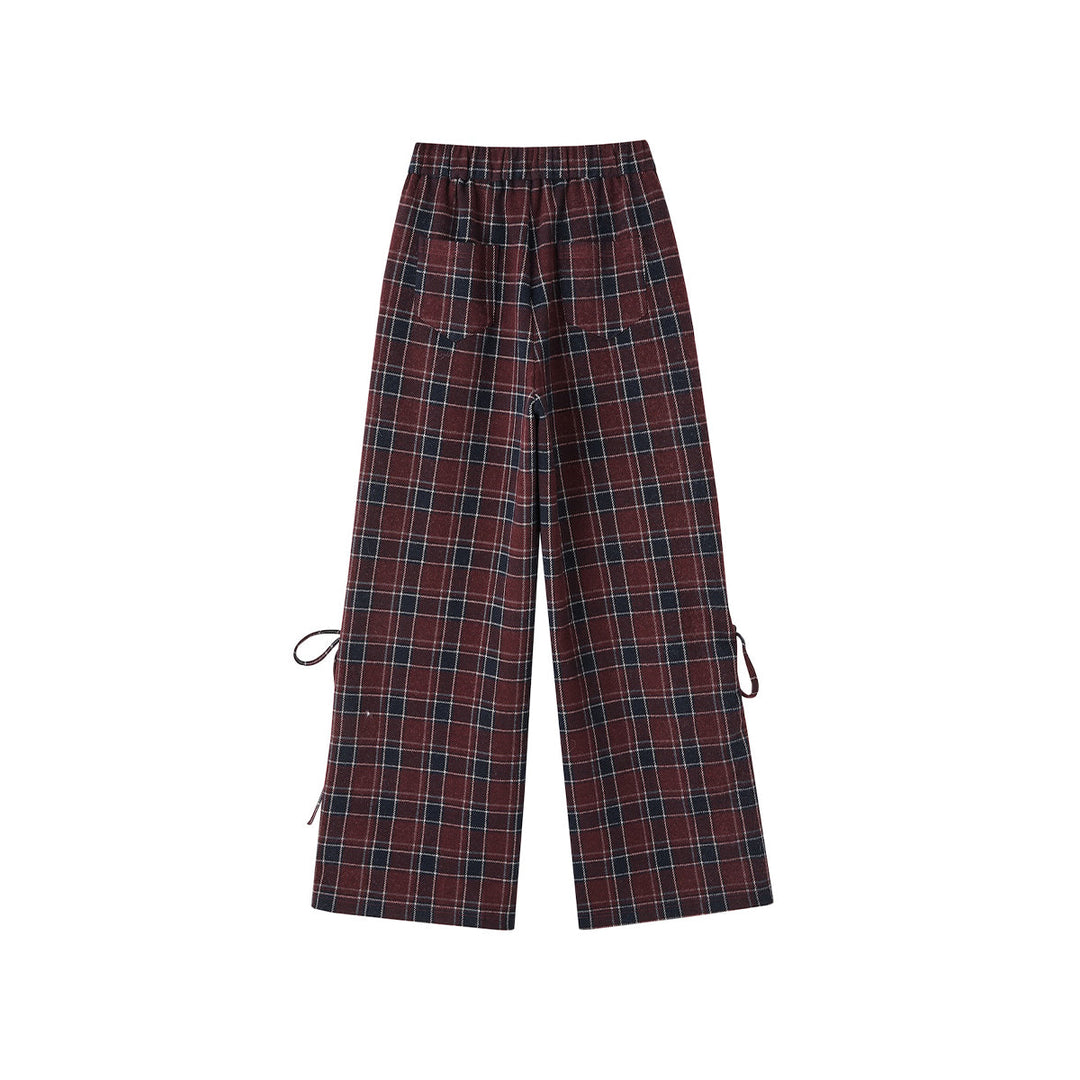 SomeSowe Bow Drawstring Plaid Wide-Leg Pants Red