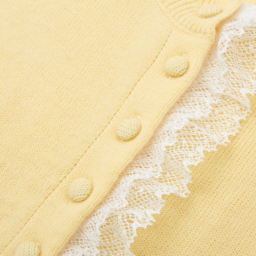 SomeSowe Lace Edge Round-Neck Knit Cardigan Yellow