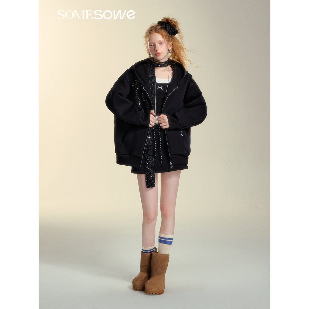 SomeSowe Bow Rivet Hooded Casual Jacket Black