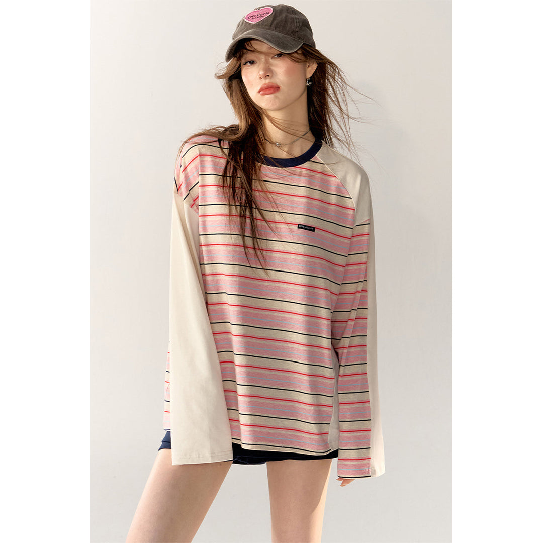 AsGony Contrast Color Striped Casual L/S T-Shirt Pink