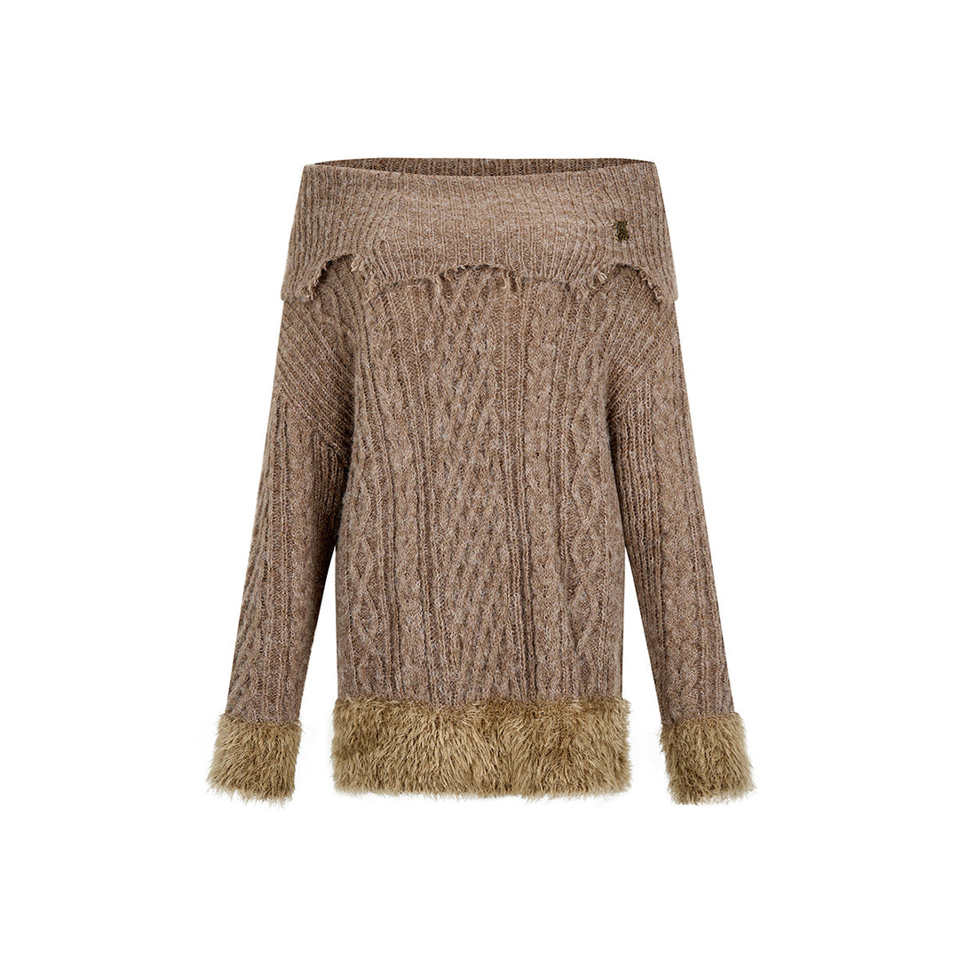 Via Pitti Destroy Cutting Off-Shoulder Knit Sweater Dress Khaki - Mores Studio