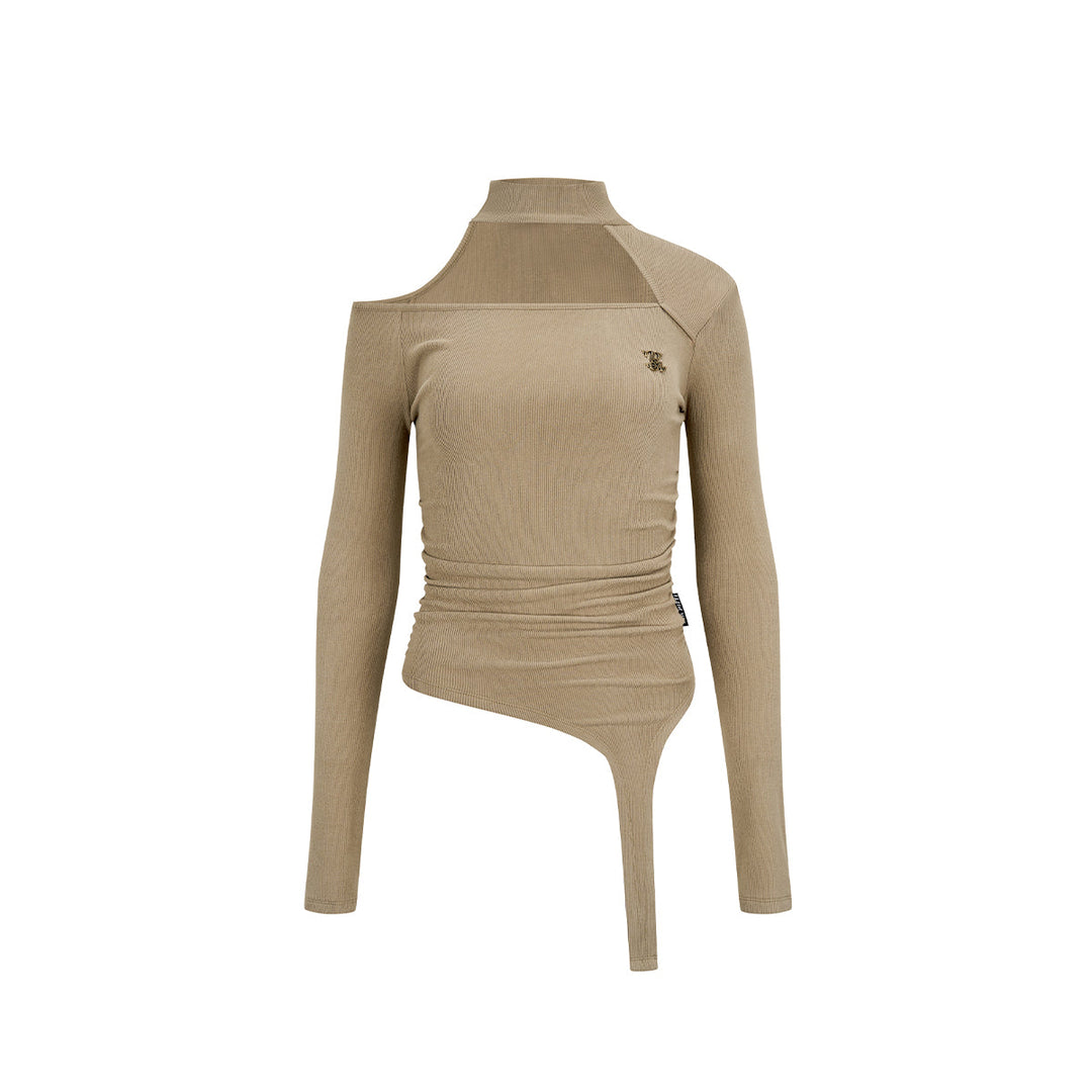 Via Pitti Chocker Neck Cut Out Asymmetrical Top Khaki - Mores Studio