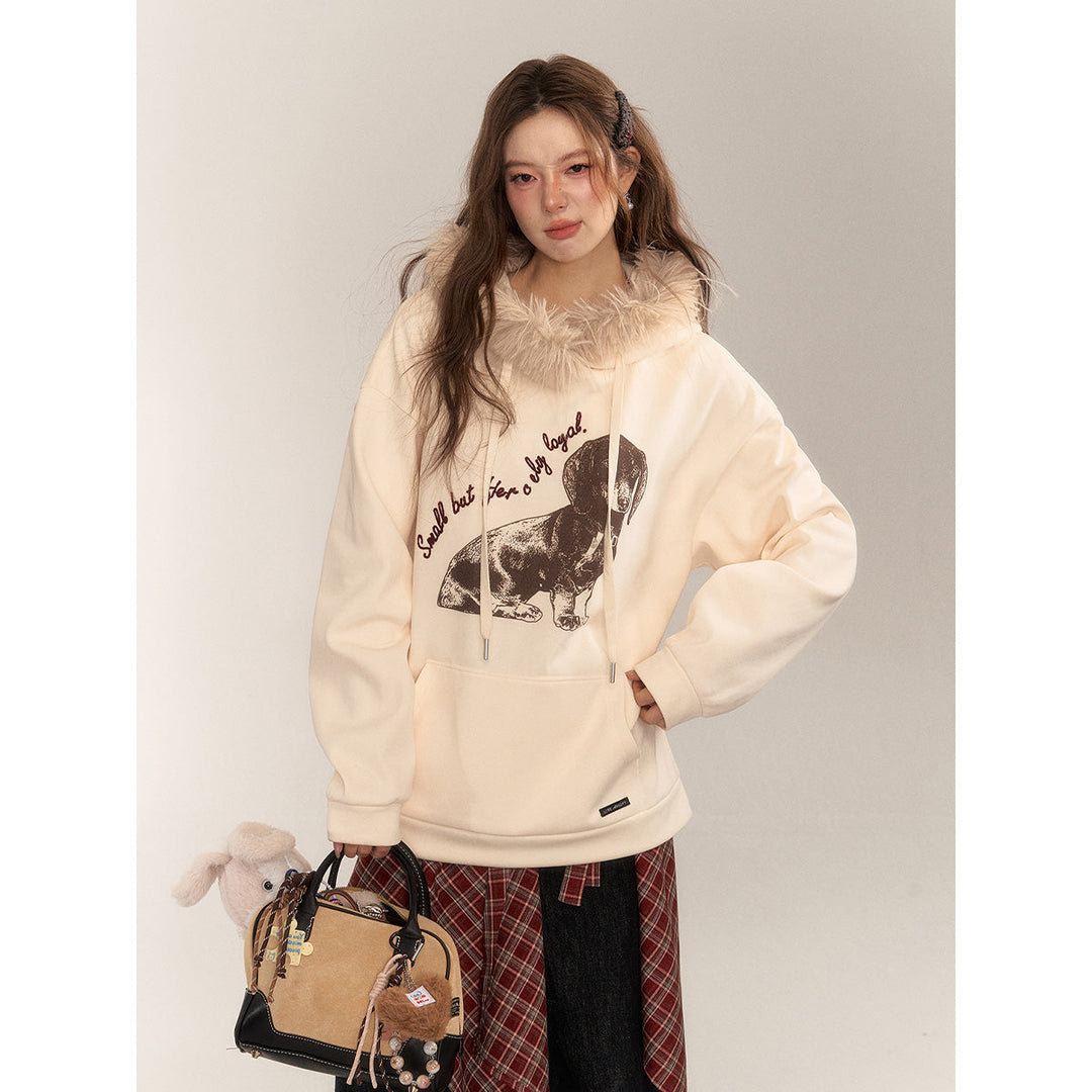 AsGony Puppy Printed Fur Collar Fleece-Lined Hoodie