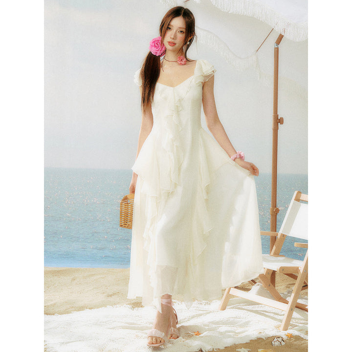 AsGony Ruffled Patchwork Slip Long Dress White