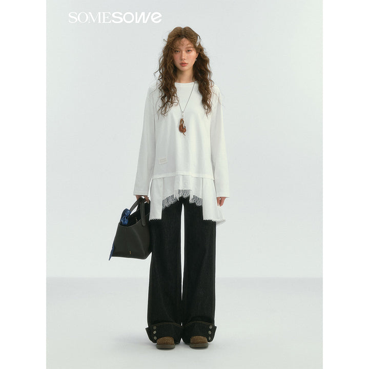 SomeSowe Lace Patchwork Fake-2-Piece Long Sleeve T-Shirt