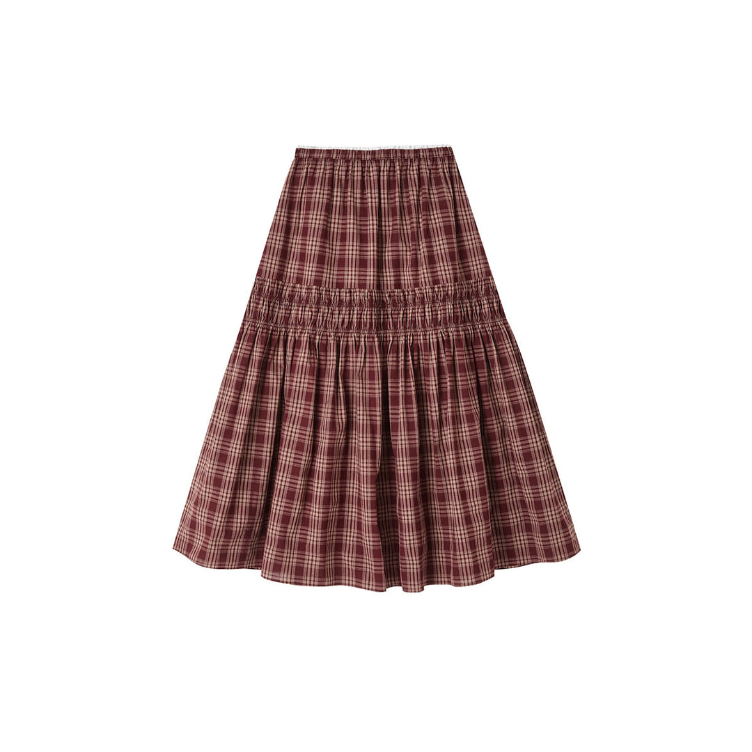 SomeSowe Lace Edge Plaid Drawstring Long Skirt Red