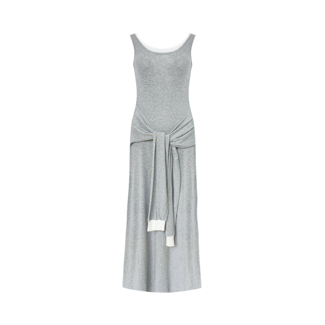 AsGony Fake-2-Piece Strap Knit Vest Long Dress Gray