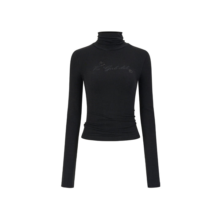 Via Pitti Logo Embroidery Pearl High Collar Slim Top Black