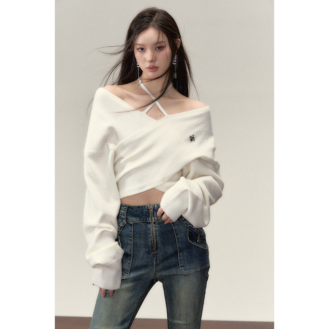 Via Pitti Halter Straps Crossed Knit Top White - Mores Studio