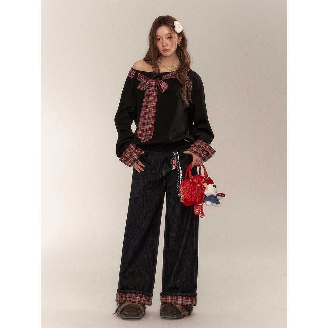 AsGony Retro Brushed Plaid Turn Over Edge Wide-Leg Jeans