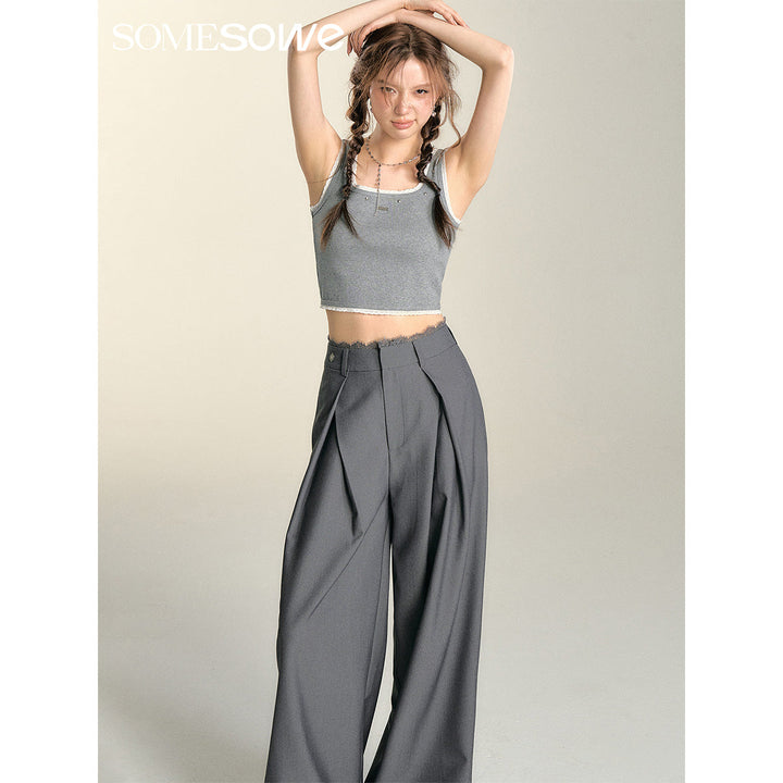 SomeSowe Lace Patchwork Pleated Suit Pants Gray