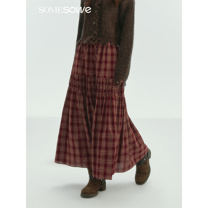 SomeSowe Lace Edge Plaid Drawstring Long Skirt Red