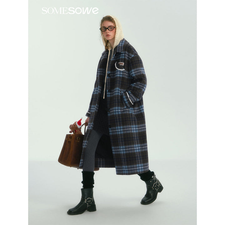 SomeSowe Contrast Color Plaid Tweed Long Coat