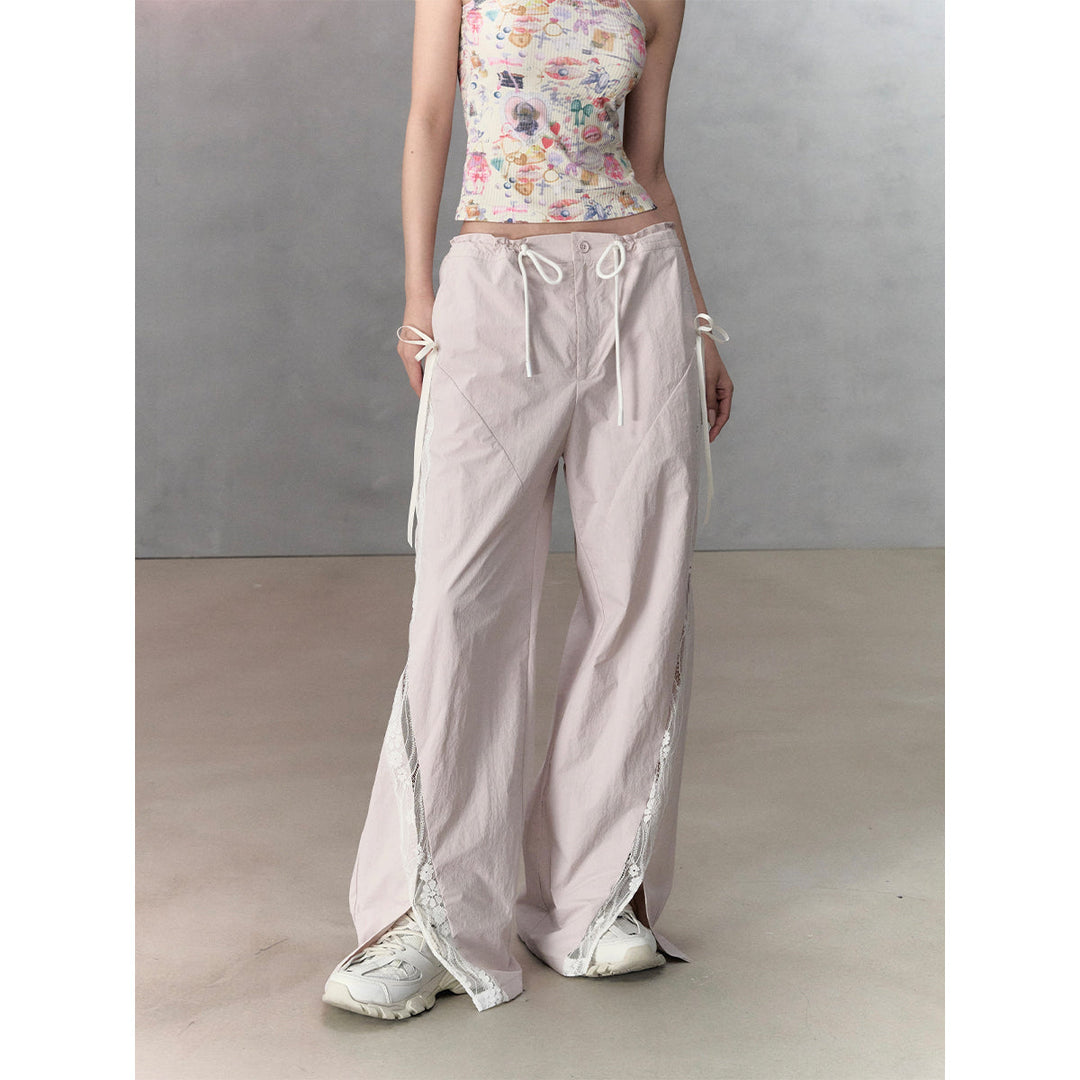 Via Pitti Color Blocked Bow Lace Patchwork Cargo Pants Pink