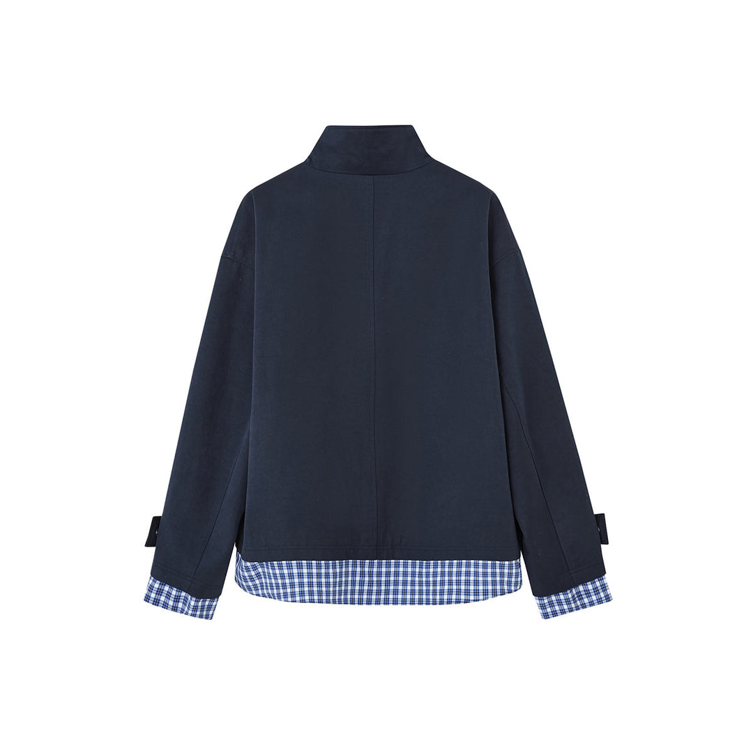 SomeSowe Plaid Patchwork Stand Collar Jacket Navy Blue