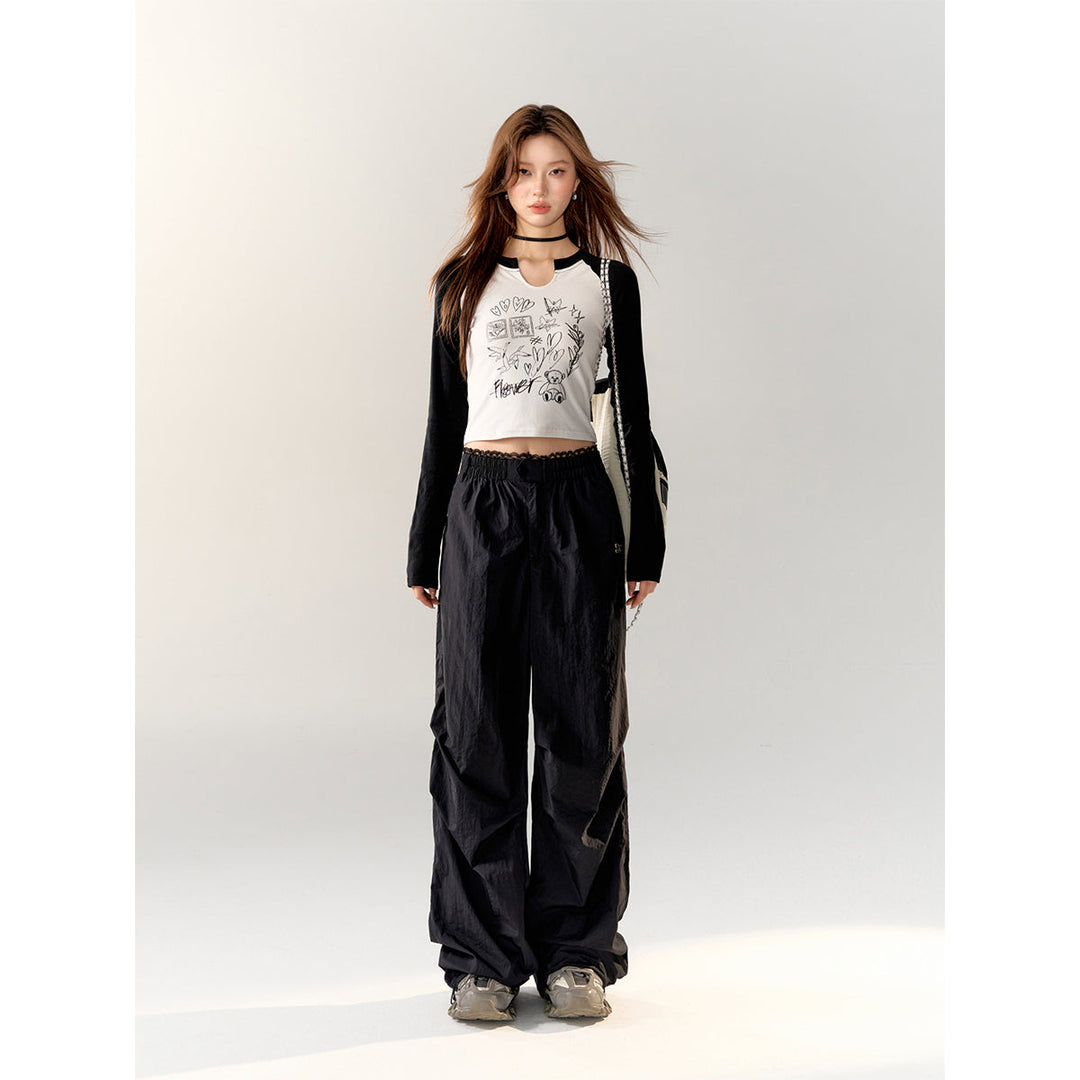 AsGony Lace Waist Pleated Wide-Leg Cargo Pants Black