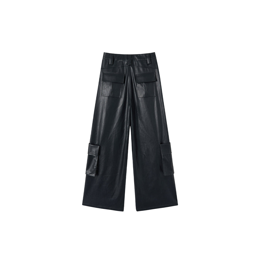 Via Pitti 3D Large Pocket Wide-Leg Leather Pants Black - Mores Studio