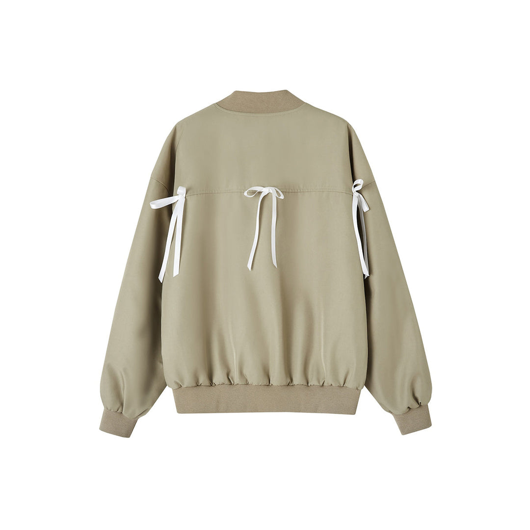 SomeSowe Bow Badge Casual Baseball Jacket Khaki