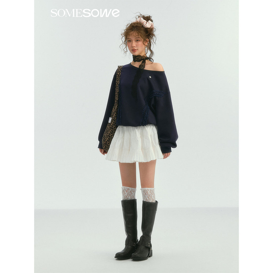 SomeSowe Lace Edge Boat Neck Casual Sweatshirt Navy Blue