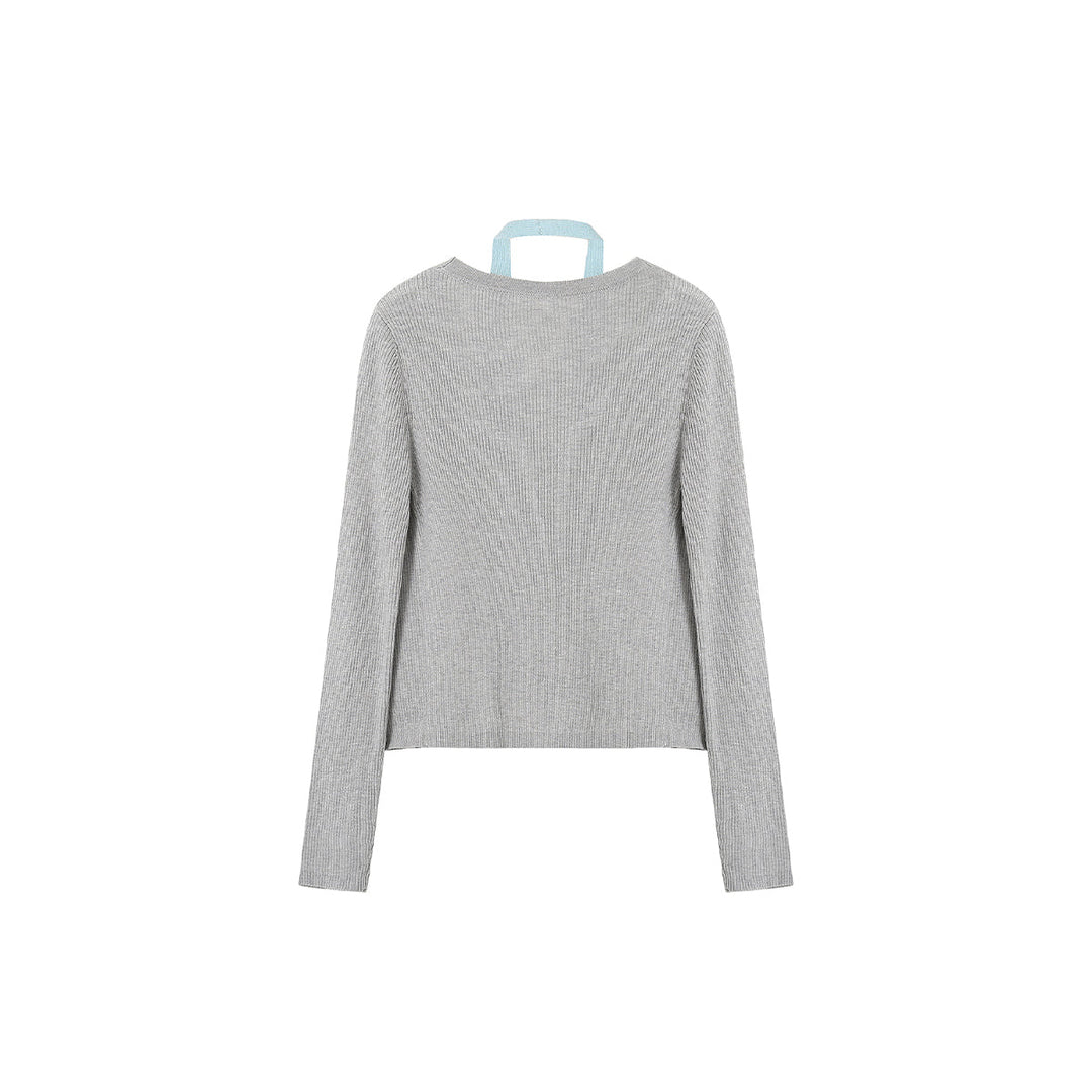 SomeSowe Hollow-Out Fake-2-Piece Knit Slim Top Grey - Mores Studio