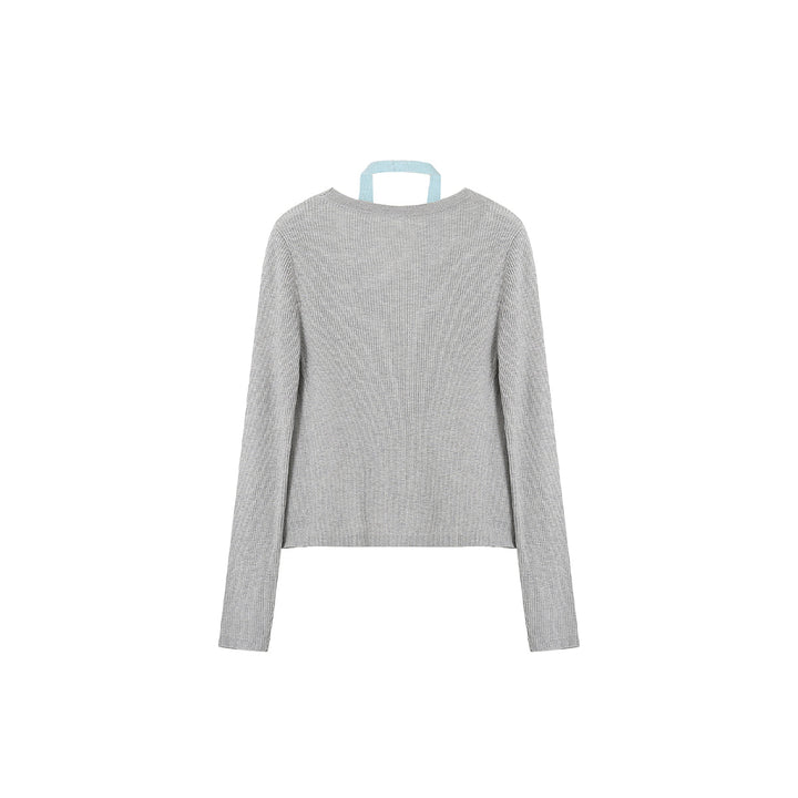 SomeSowe Hollow-Out Fake-2-Piece Knit Slim Top Grey - Mores Studio