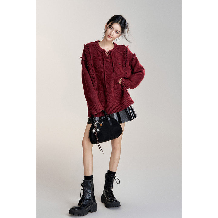 MacyMccoy Lace-Up Raw Edge Silhouette Sweater Red