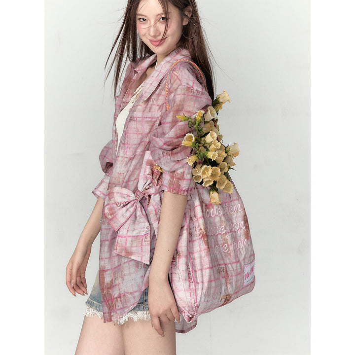 Via Pitti Plaid Bow Loose Shirt Pink