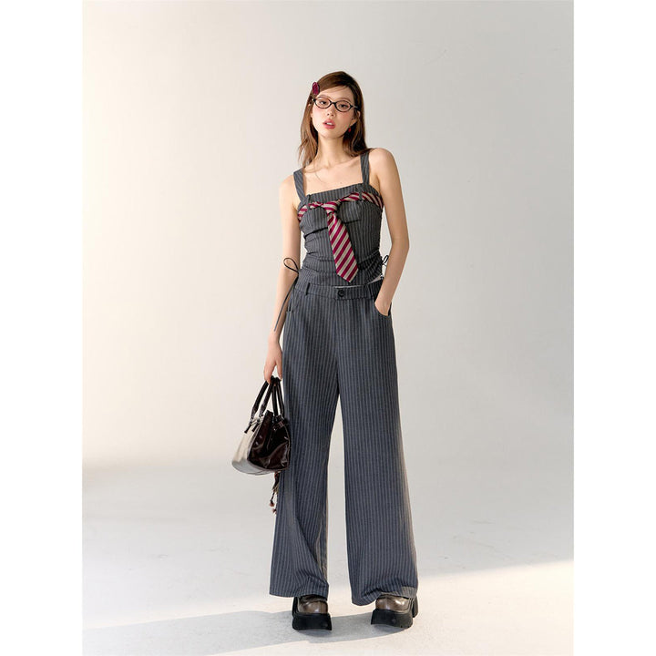 AsGony Double Waist Patchwork Striped Suit Pants