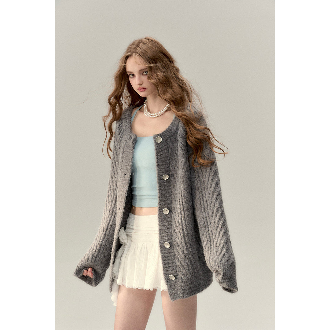 Via Pitti Two-Way Twist Knit Woollen Cardigan Grey - Mores Studio