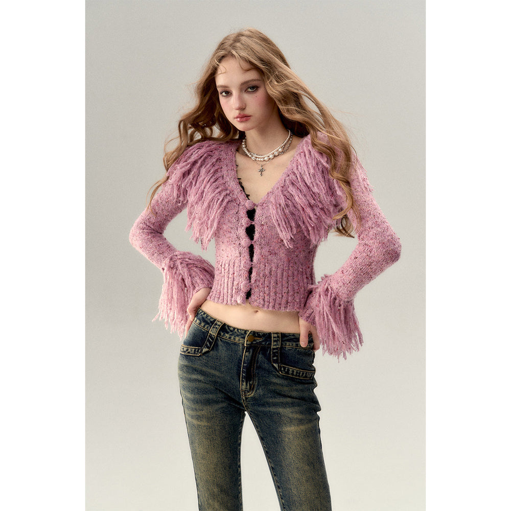 Via Pitti Heavy Tassel Knit Cardigan Purple - Mores Studio