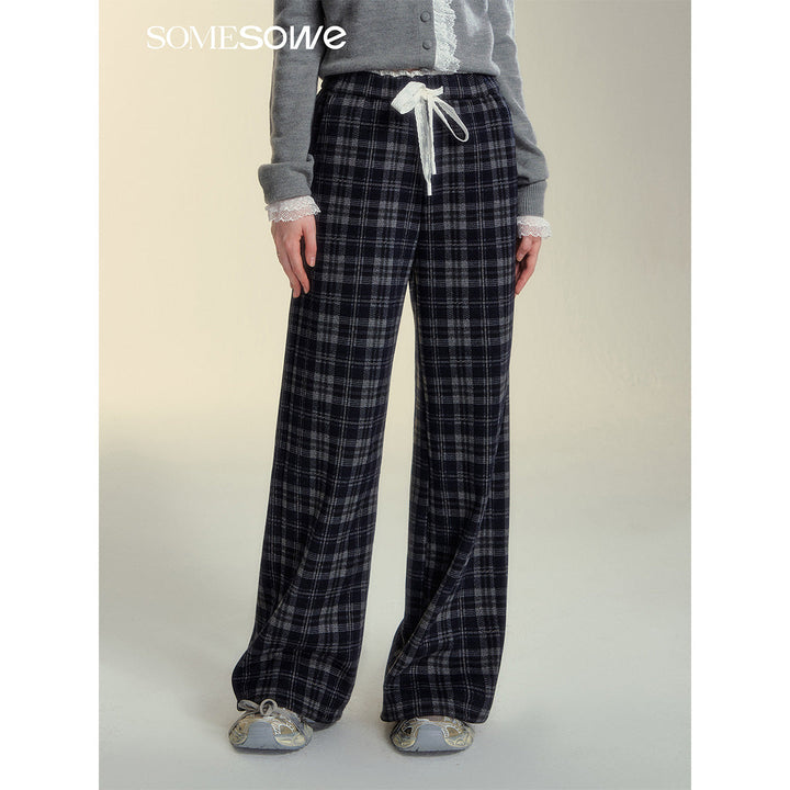 SomeSowe Lace Edge Plaid Casual Pants Black